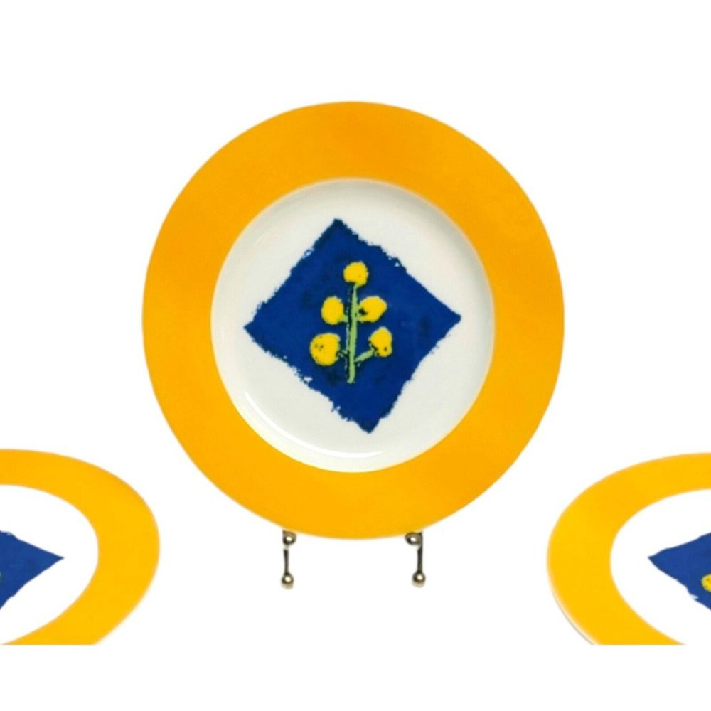 VTG Pagnossin Ironstone Treviso Yellow 8" Cobalt Blue Lunch Salad Plate 5 Plates